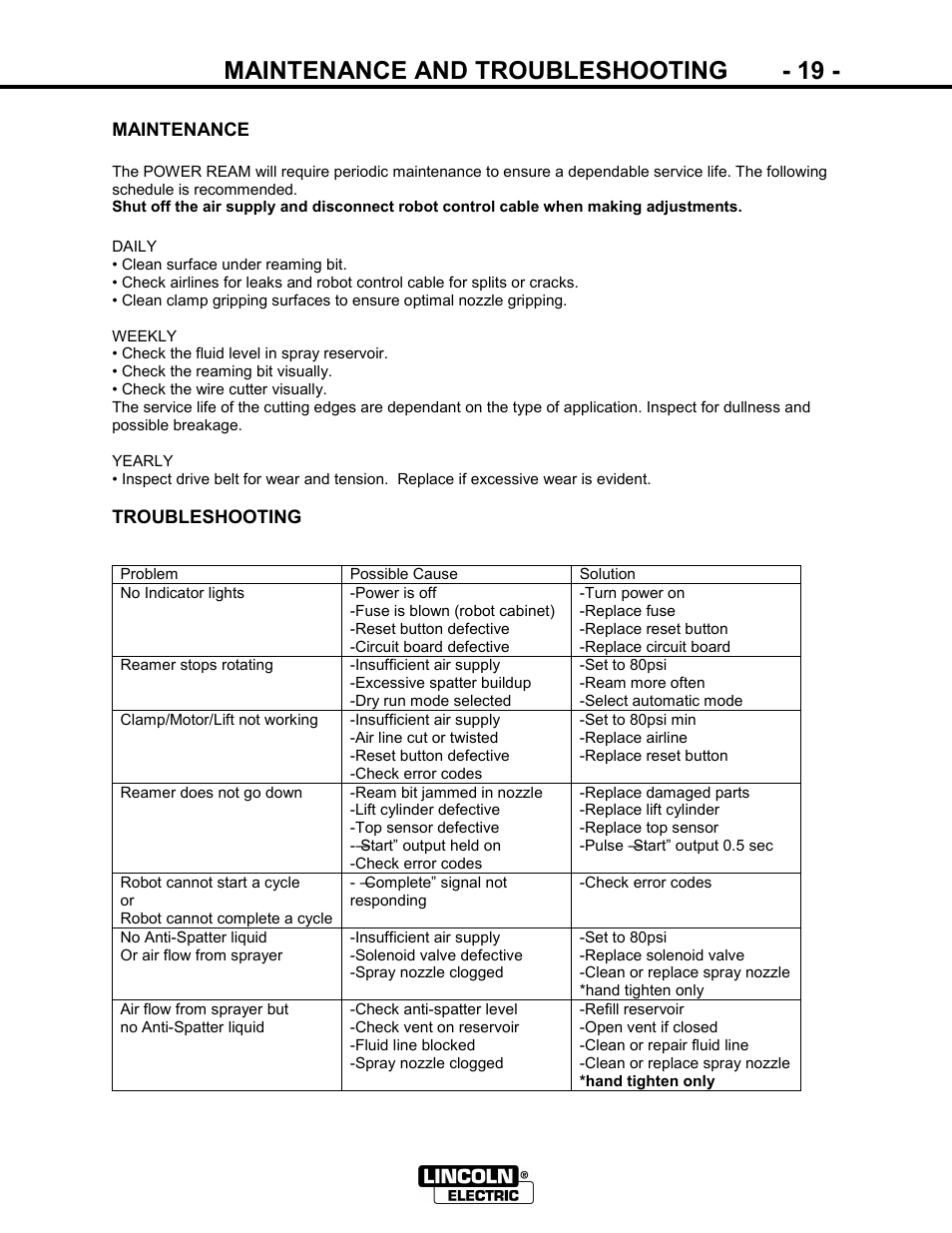 Maintenance and troubleshooting - 19 | Lincoln Electric IM866 POWER REAM User Manual | Page 19 / 36