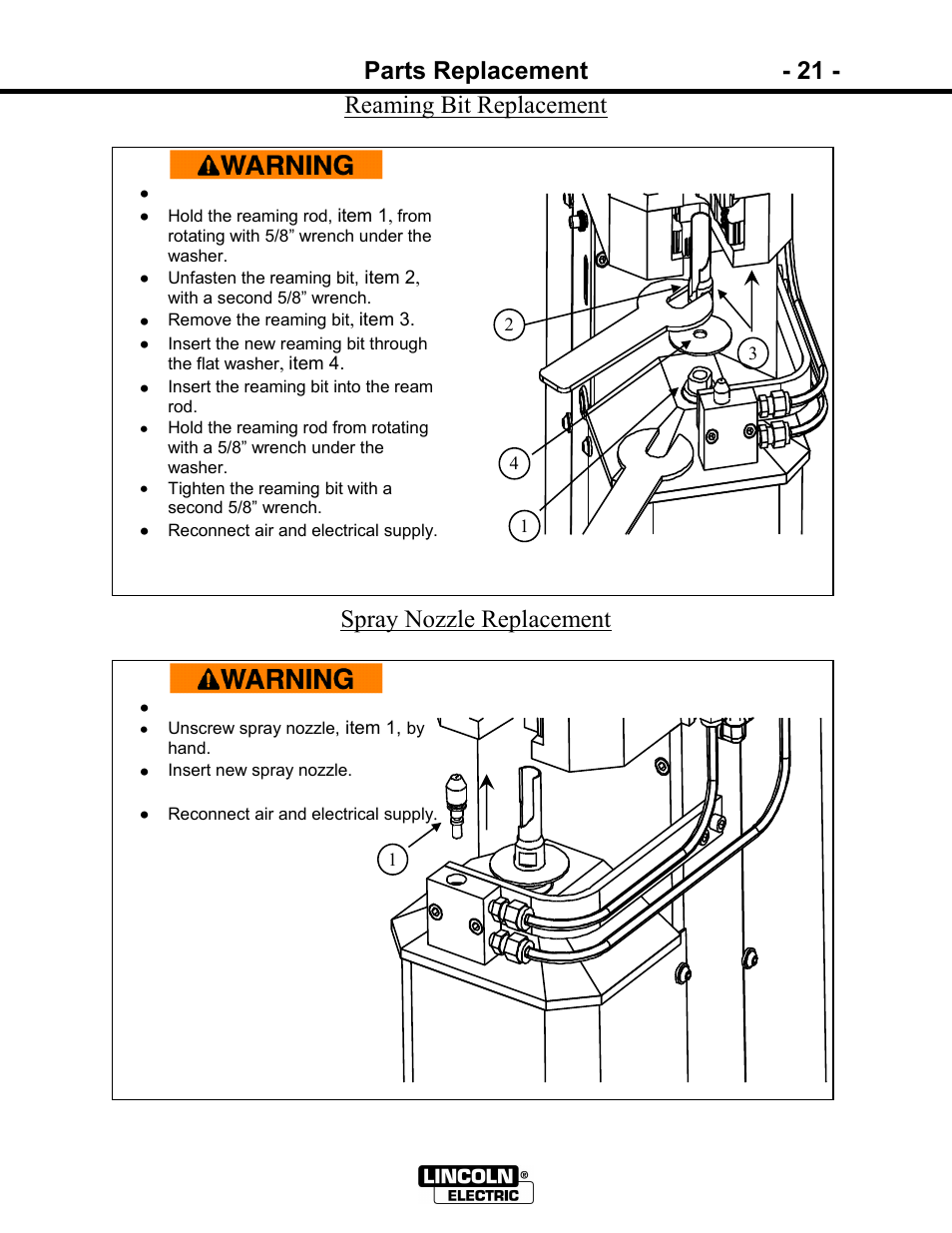 Parts replacement - 21, Reaming bit replacement, Spray nozzle replacement | Lincoln Electric IM866 POWER REAM User Manual | Page 21 / 36