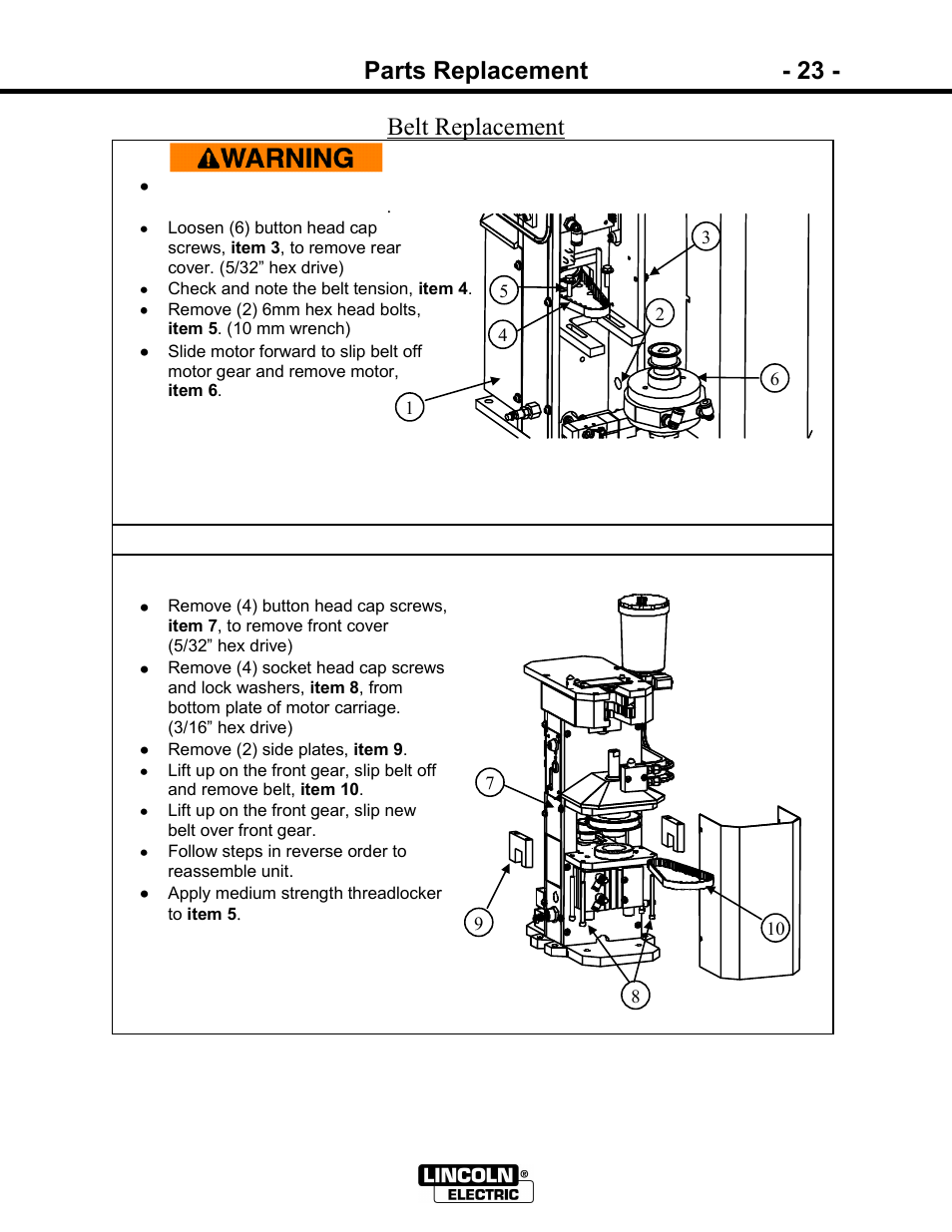 Parts replacement - 23, Belt replacement | Lincoln Electric IM866 POWER REAM User Manual | Page 23 / 36