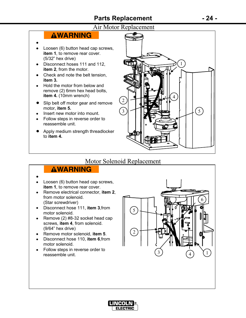 Parts replacement - 24, Air motor replacement, Motor solenoid replacement | Lincoln Electric IM866 POWER REAM User Manual | Page 24 / 36