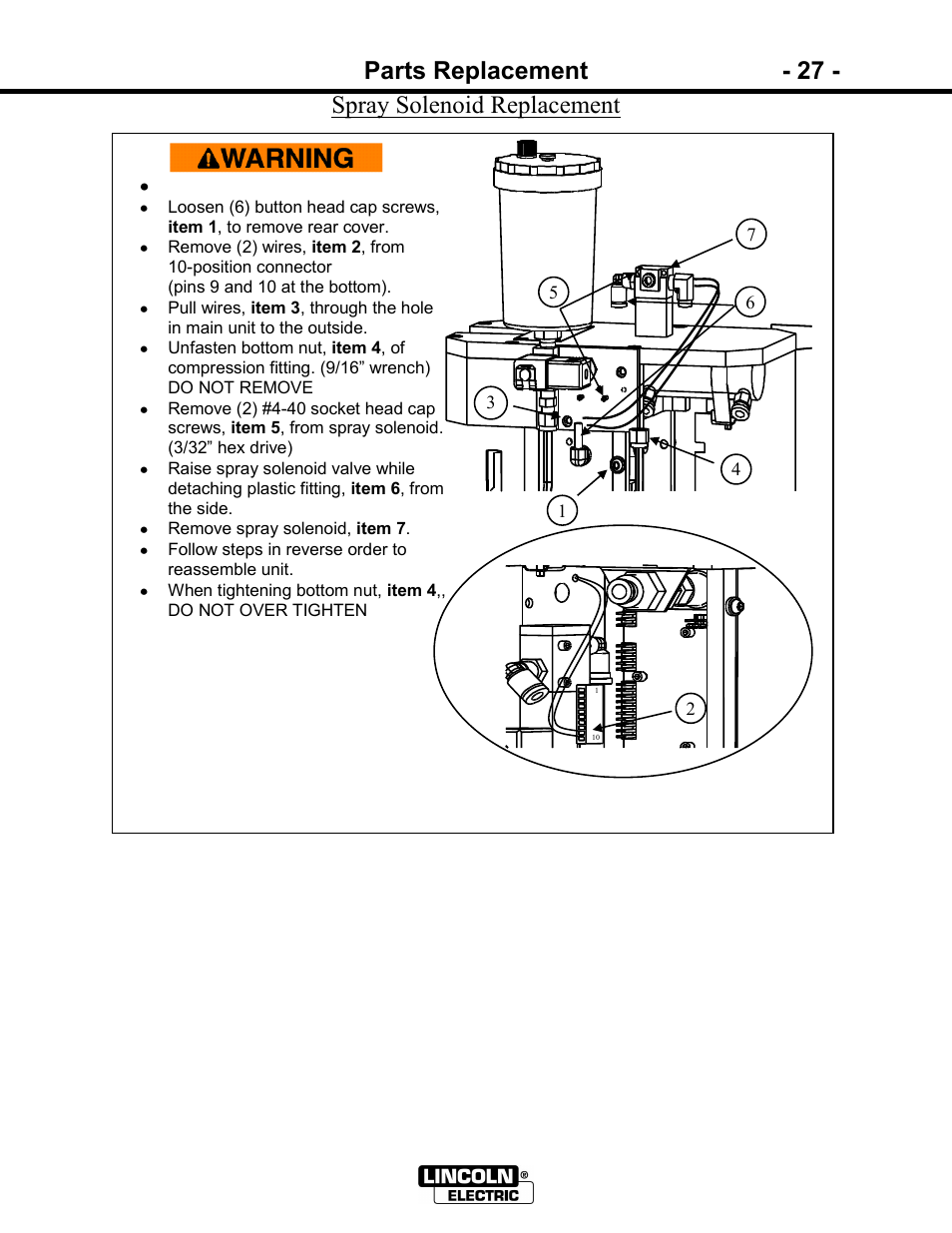 Parts replacement - 27, Spray solenoid replacement | Lincoln Electric IM866 POWER REAM User Manual | Page 27 / 36