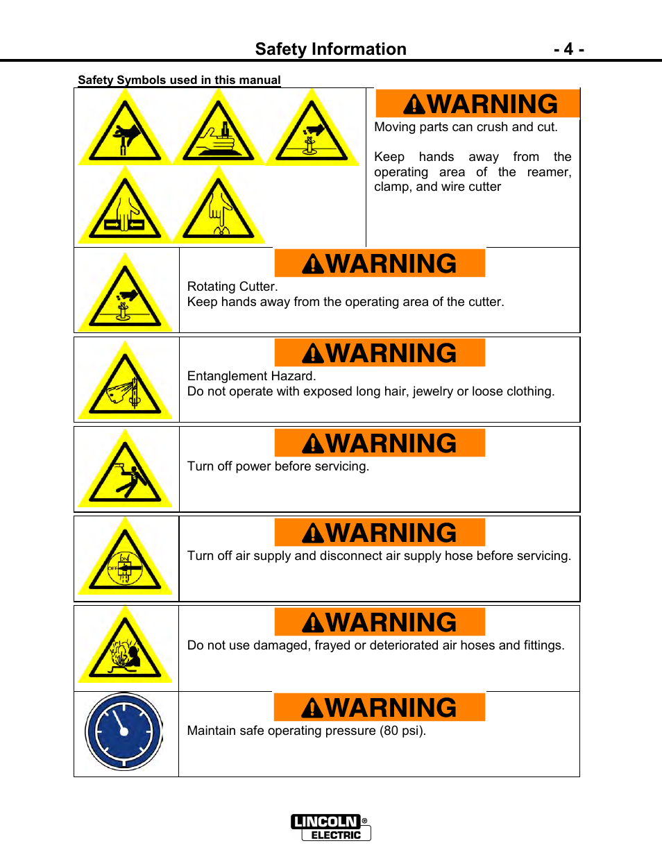 Safety information - 4 | Lincoln Electric IM866 POWER REAM User Manual | Page 4 / 36