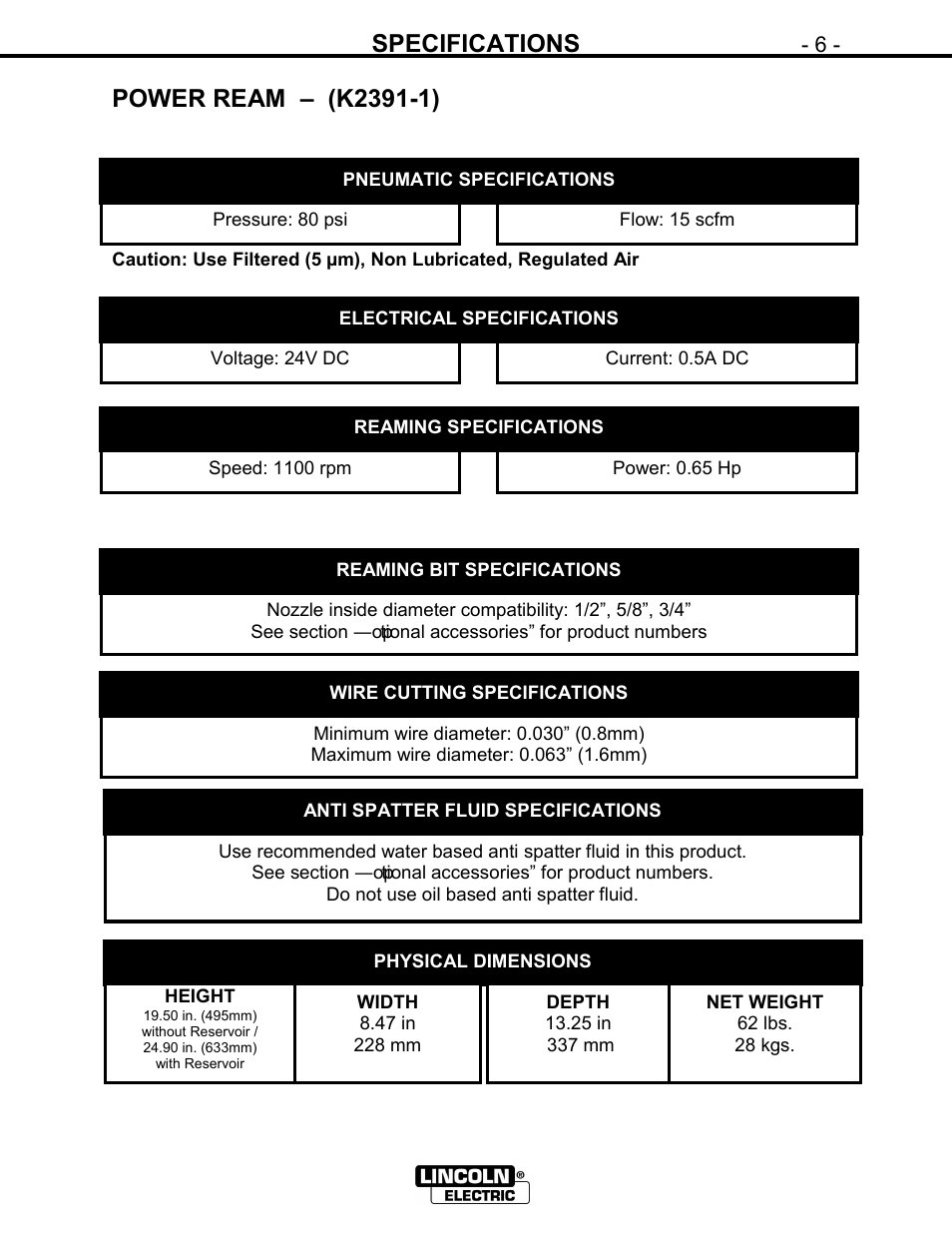 Specifications | Lincoln Electric IM866 POWER REAM User Manual | Page 6 / 36