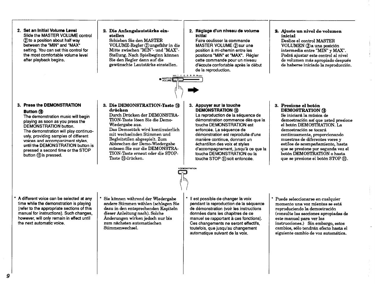 Set an initial volume level, Press the demonstration button dj), Réglage d'un niveau de volume initial | Appuyer sur la touche demonstration | Yamaha PSR-28 User Manual | Page 10 / 36