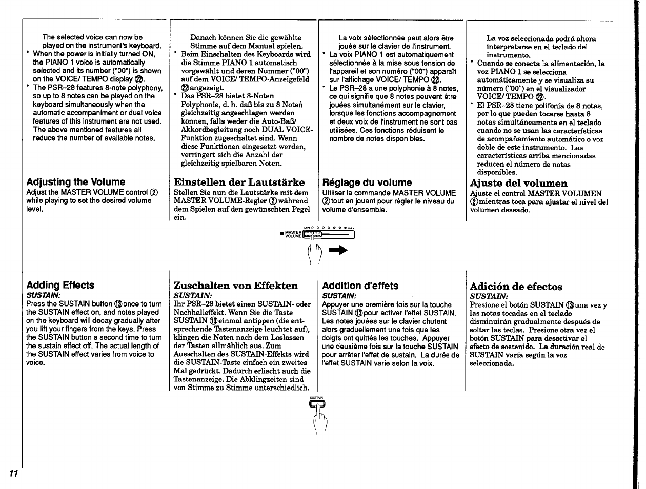 Adjusting the volume, Adjust the master volume control, Adding effects | Einstellen der lautstärke, Zuschalten von effekten, Réglage du volume, Addition d'effets, Ajuste del volumen, Adición de efectos, Adjusting the volume adding effects | Yamaha PSR-28 User Manual | Page 12 / 36