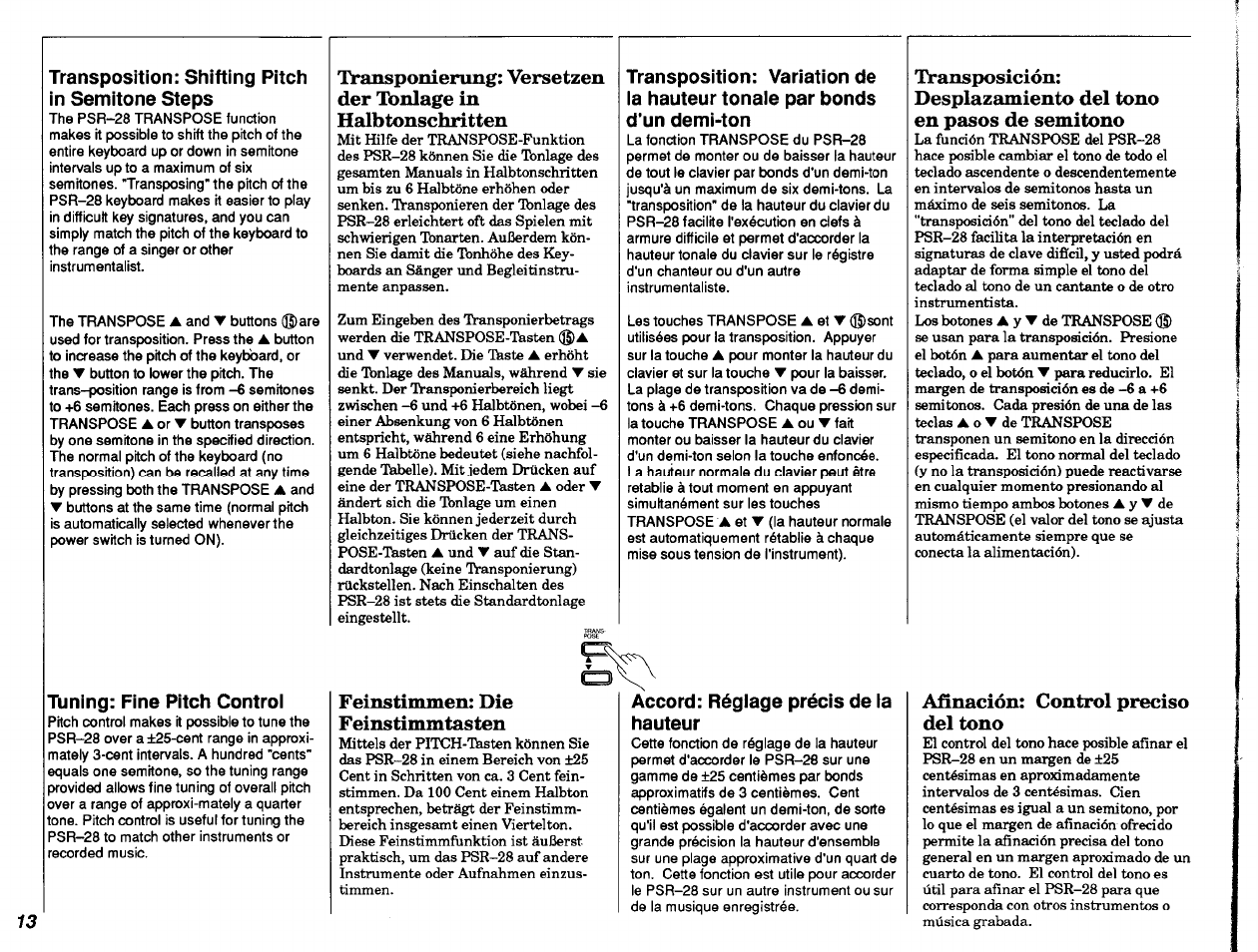 Transposition: shifting pitch in semitone steps, Accord: réglage précis de la hauteur, Accord: réglage précis de | La hauteur, Feinstimmen: die feinstimmtasten, Afinación: control preciso del tono | Yamaha PSR-28 User Manual | Page 14 / 36