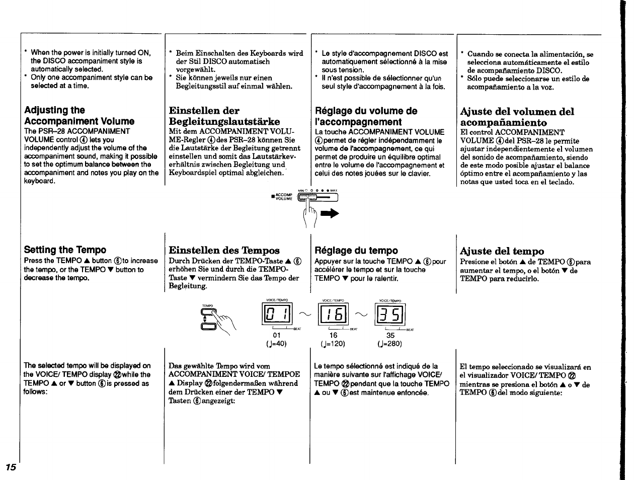 Adjusting the accompaniment voiume, Setting the tempo, Réglage du volume de l'accompagnement | Réglage du tempo, Setting the tempo starting the accompaniment, Einstellen der begleitungslautstärke, Einstellen des tempos, Ajuste del volumen del acompañamiento, Ajuste del tempo | Yamaha PSR-28 User Manual | Page 16 / 36