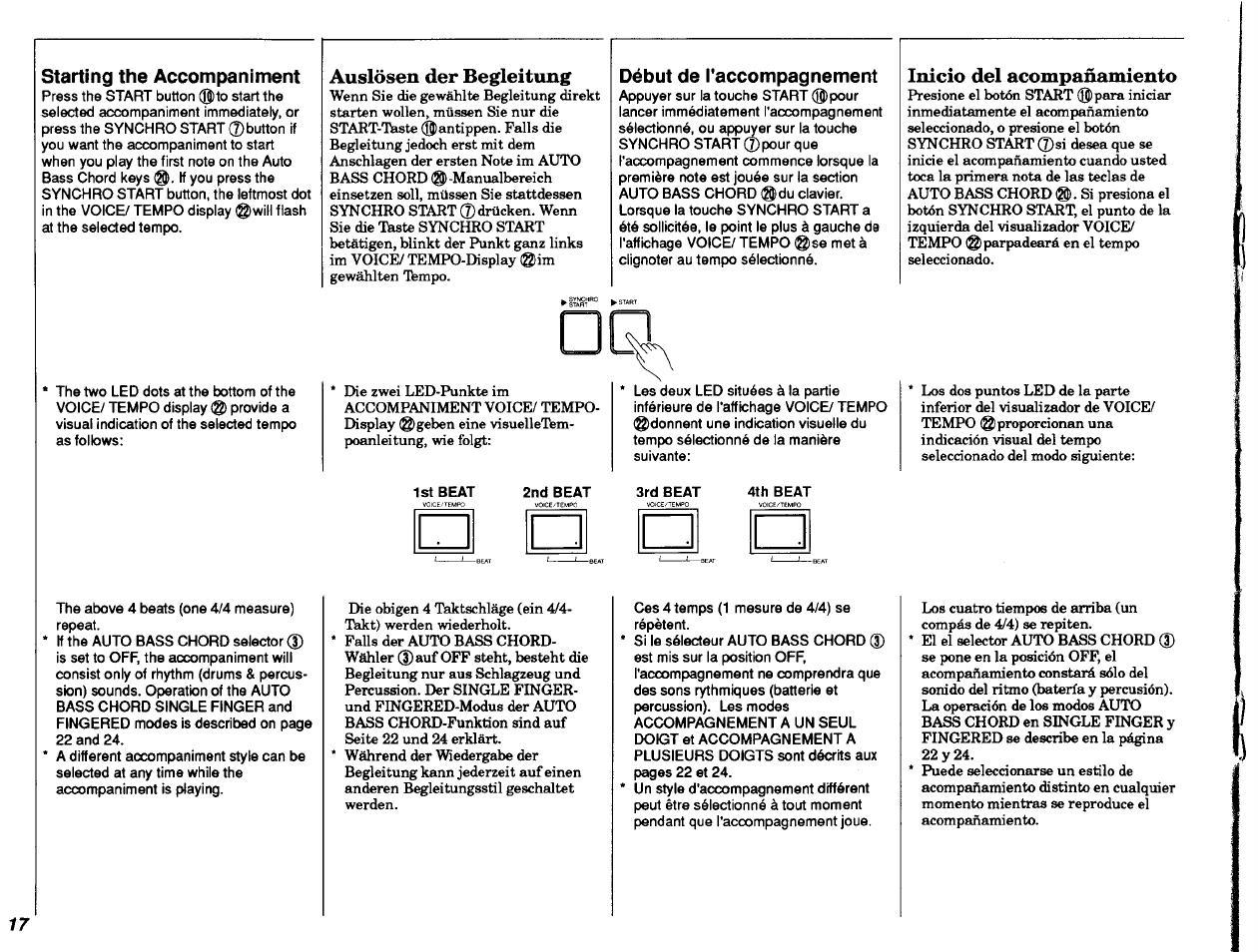 Starting the accompaniment, Auslösen der begleitung, Début de l'accompagnement | Inicio del acompañamiento | Yamaha PSR-28 User Manual | Page 18 / 36