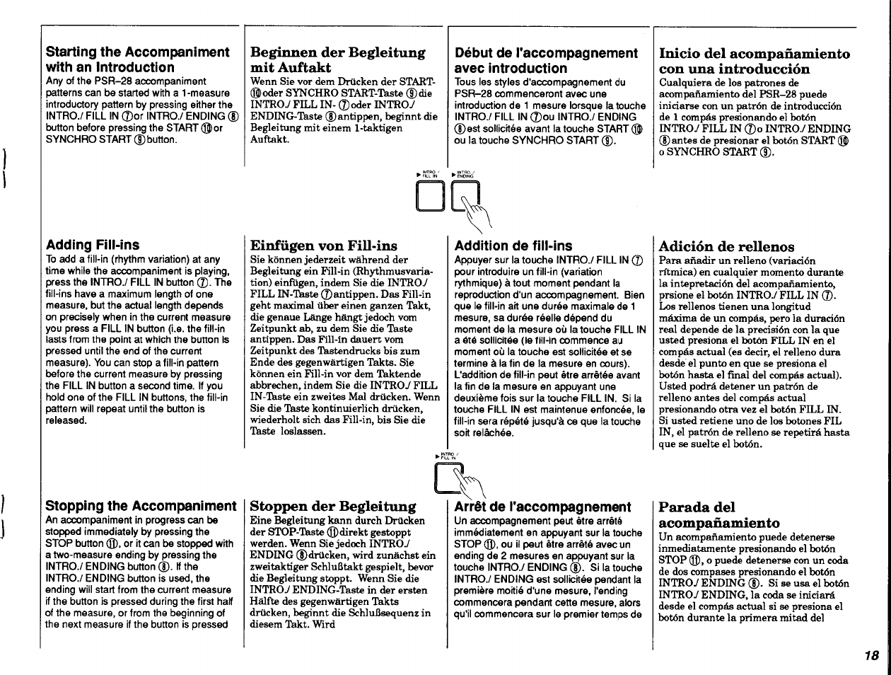 Starting the accompaniment with an introduction, Adding fill-ins, Stopping the accompaniment | Beginnen der begleitung mit auftakt, Début de l'accompagnement avec introduction, Einfügen von fill-ins, Addition de fiil-ins, Stoppen der begleitung, Arrêt de l'accompagnement, Inicio del acompañamiento con una introducción | Yamaha PSR-28 User Manual | Page 19 / 36