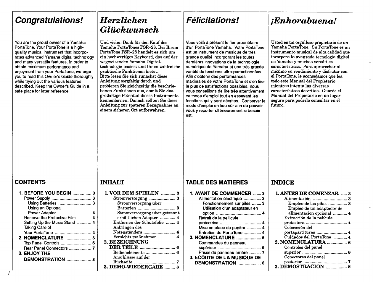Herzlichen glückwunsch, Félicitations, Enhorabuena | Yamaha PSR-28 User Manual | Page 2 / 36