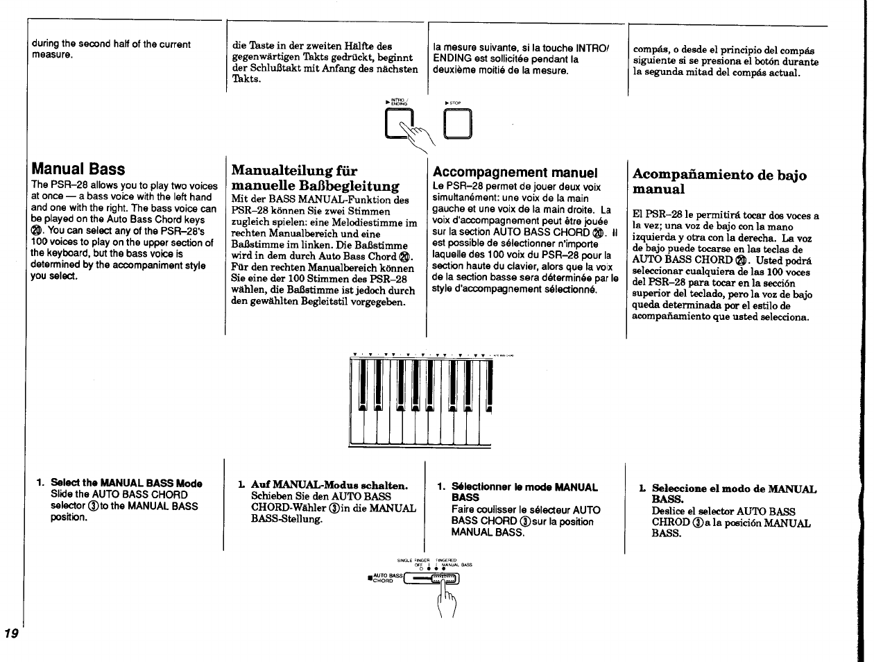 Accompagnement manuel, D'accompagnement, Q k d | Manual bass, Manualteilung für manuelle baßbegleitung, Acompañamiento de bsgo manual | Yamaha PSR-28 User Manual | Page 20 / 36
