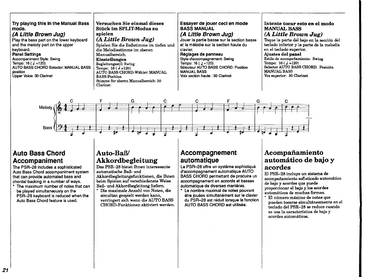 Try playing this in the manual bass mode, Réglages de panneau, Auto-baß | Akkordbegleitung, Acompañamiento automático de bajo y acordes, Baßbegleitung, Auto-baß/ akkordbegleitung, Auto bass chord accompaniment, Accompagnement automatique | Yamaha PSR-28 User Manual | Page 22 / 36