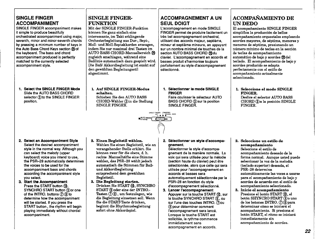 Select the single finger mode, Select an accompaniment style, Start the accompaniment | Sélectionner le mode single finger, Sélectionner un style d'accompagnement, Single finger­ funktion, Acompañamiento de un dedo | Yamaha PSR-28 User Manual | Page 23 / 36