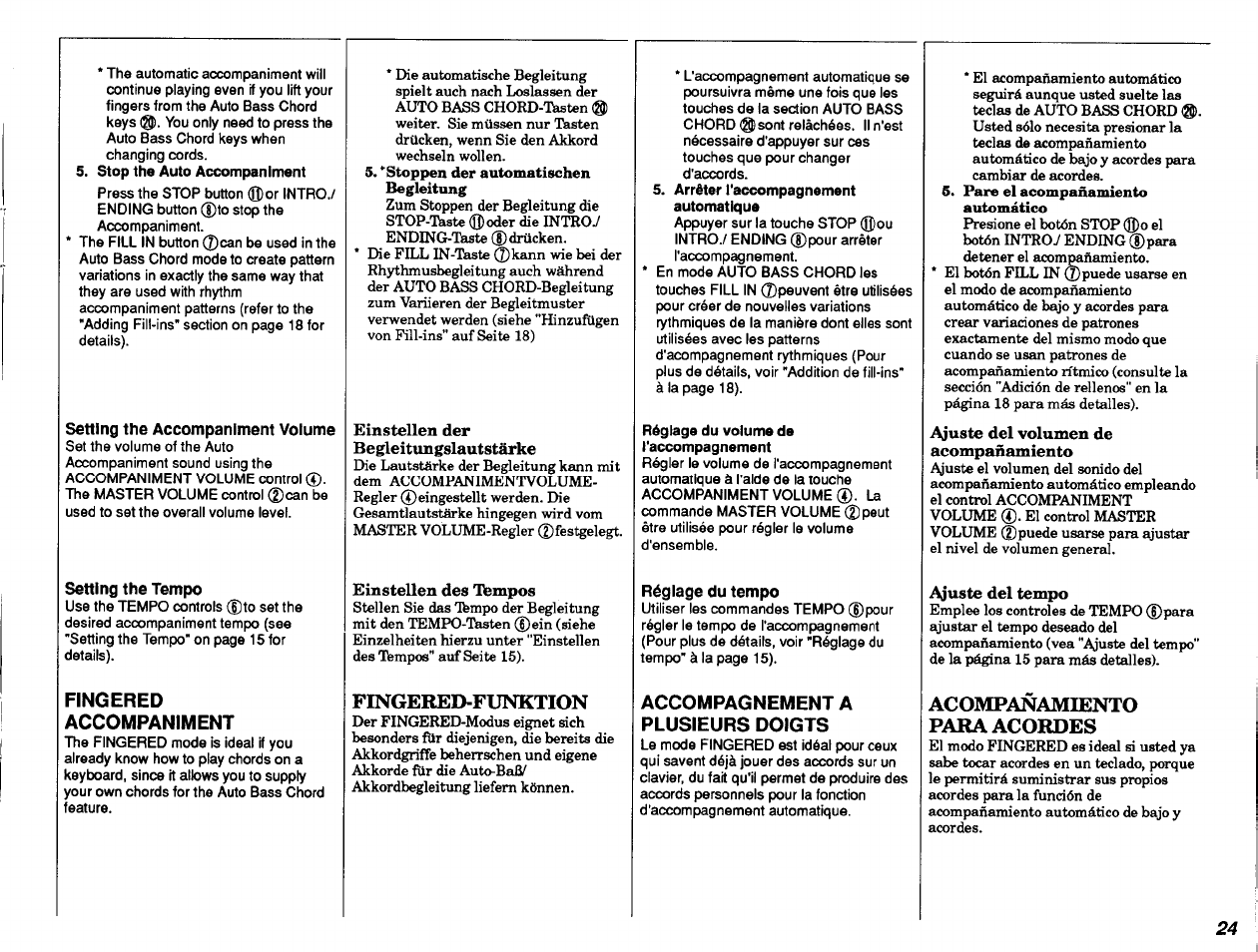 Stop the auto accompaniment, Setting the accompaniment volume, Setting the tempo | Fingered, Accompaniment, Arrêter raccompagnement automatique, Réglage du volume de raccompagnement, Réglage du tempo, Accompagnement a plusieurs doigts, Accompaniment style | Yamaha PSR-28 User Manual | Page 25 / 36