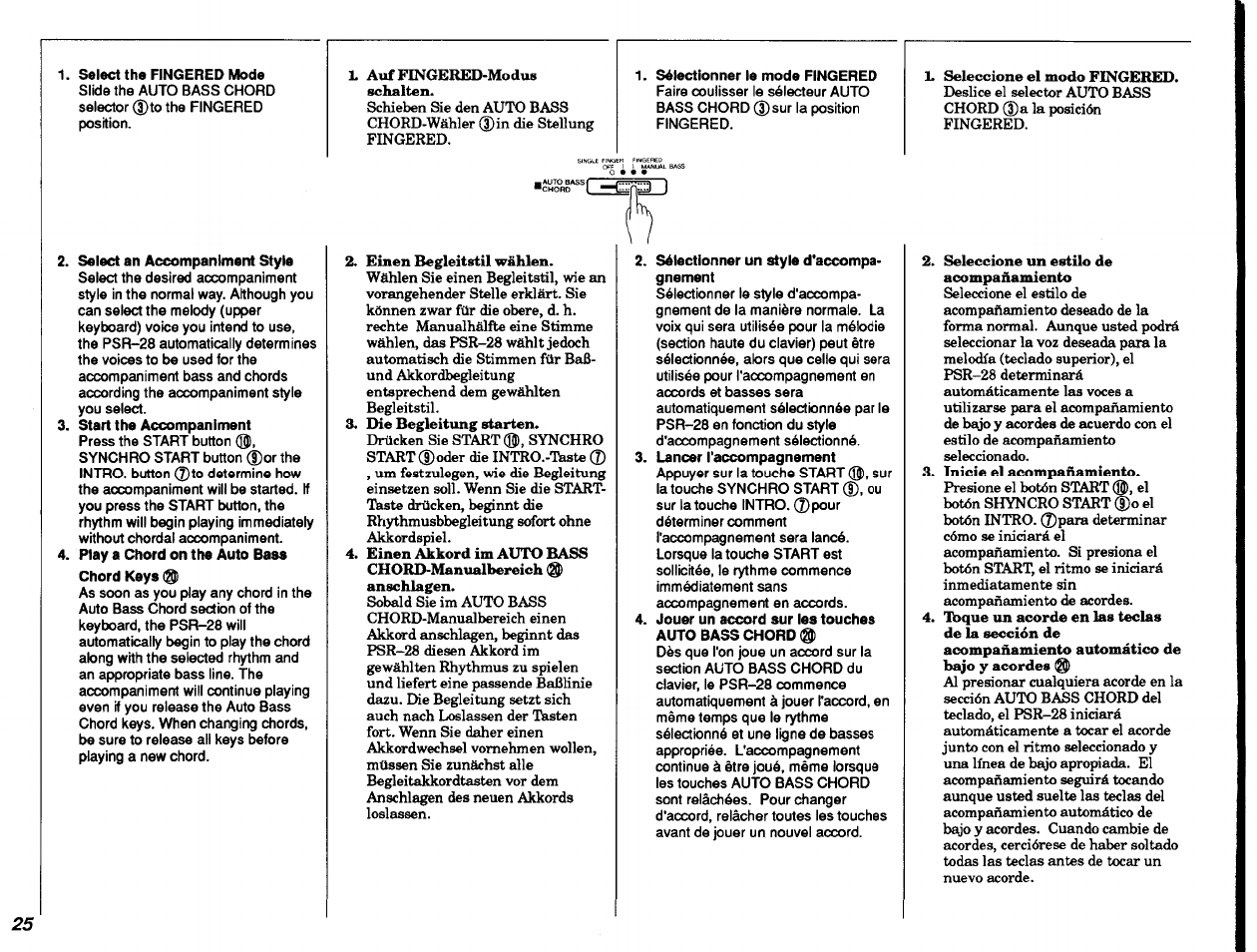 Select the fingered mode, Sélectionner le mode fingered, Select an accompaniment style | Start the accompaniment, Play a chord on the auto bass, Chord keys, Sélectionner un style d'accompagnement, Jouer un accord sur les touches auto bass chord | Yamaha PSR-28 User Manual | Page 26 / 36