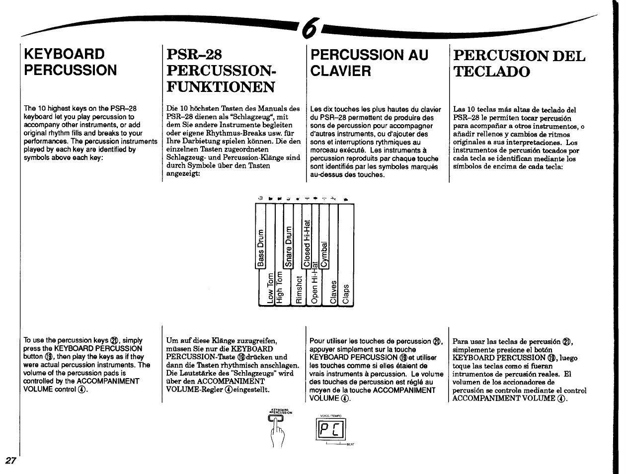 Psr-28, Percussion, Funktionen | Percussion au clavier, Psr-28 percussion­ funktionen, Percusion del teclado, Keyboard percussion | Yamaha PSR-28 User Manual | Page 28 / 36