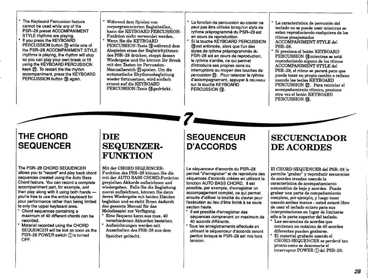 The chord sequencer, Sequenzer, Funktion | Sequenceur, D'accords, Secuenciador de acordes, D’accords, Die sequenzer­ funktion, Sequenceur d'accords | Yamaha PSR-28 User Manual | Page 29 / 36