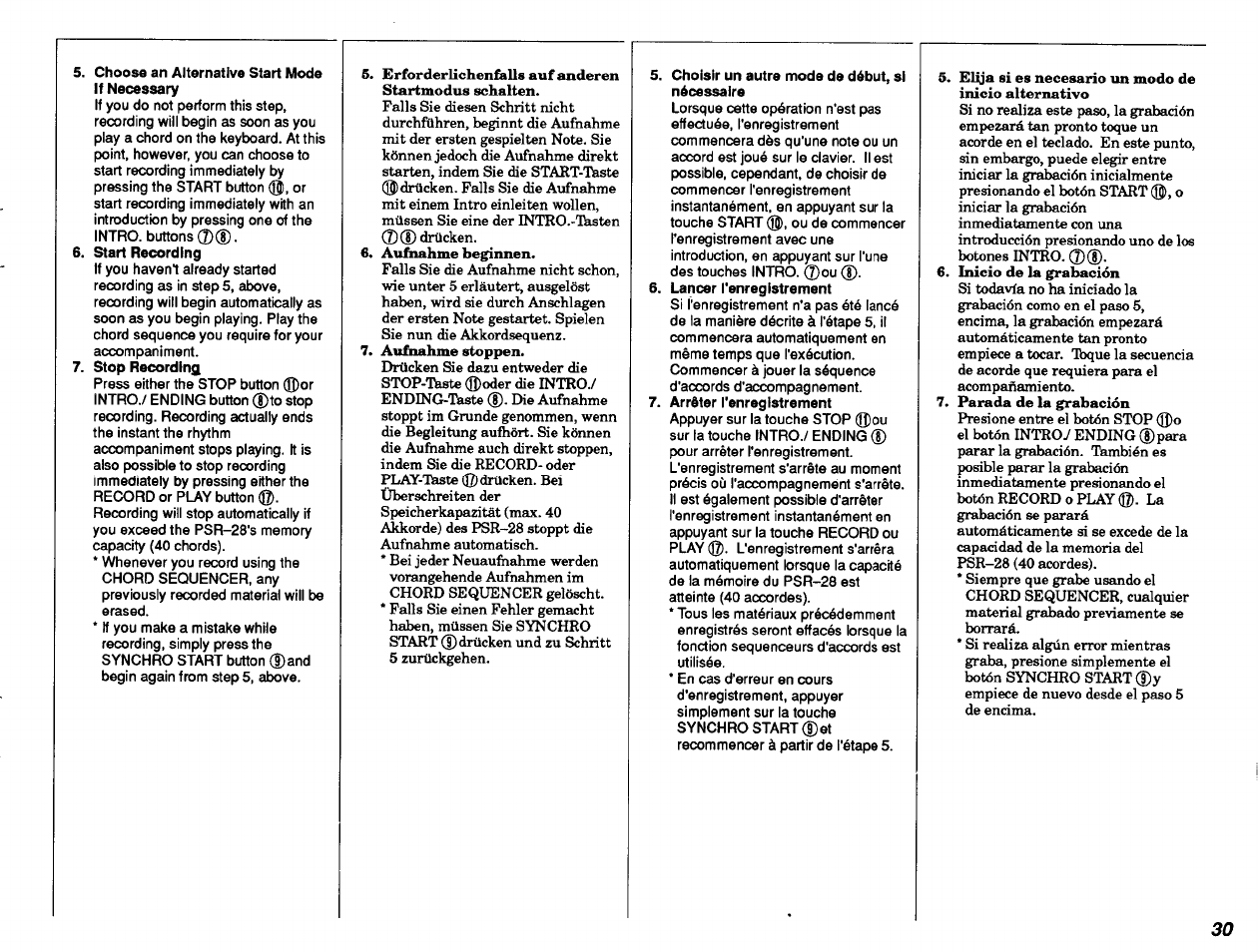 Choose an alternative start mode if necessary, Start recording, Stop recording | Choisir un autre mode de début, si nécessaire, Lancer l'enregistrement | Yamaha PSR-28 User Manual | Page 31 / 36