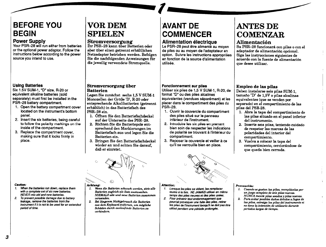Before you begin, Power supply, Using batteries | Vor dem spielen, Stromversorgung über batterien, Avant de commencer, Alimentation électrique, Fonctionnement sur piles, Antes de comenzar, Empleo de las pilas | Yamaha PSR-28 User Manual | Page 4 / 36