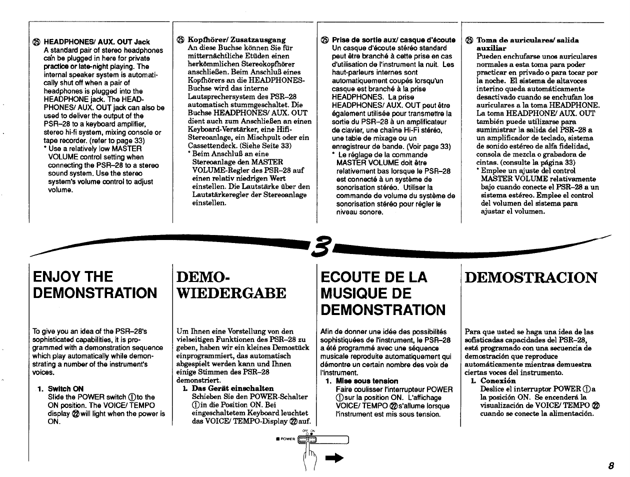 Prise de sortie aux/ casque d'écoute, Enjoy the demonstration, Switch on | Demo, Wiedergabe, Ecoute de la musique de demonstration, Mise sous tension, Demo­ wiedergabe, Demostracion | Yamaha PSR-28 User Manual | Page 9 / 36
