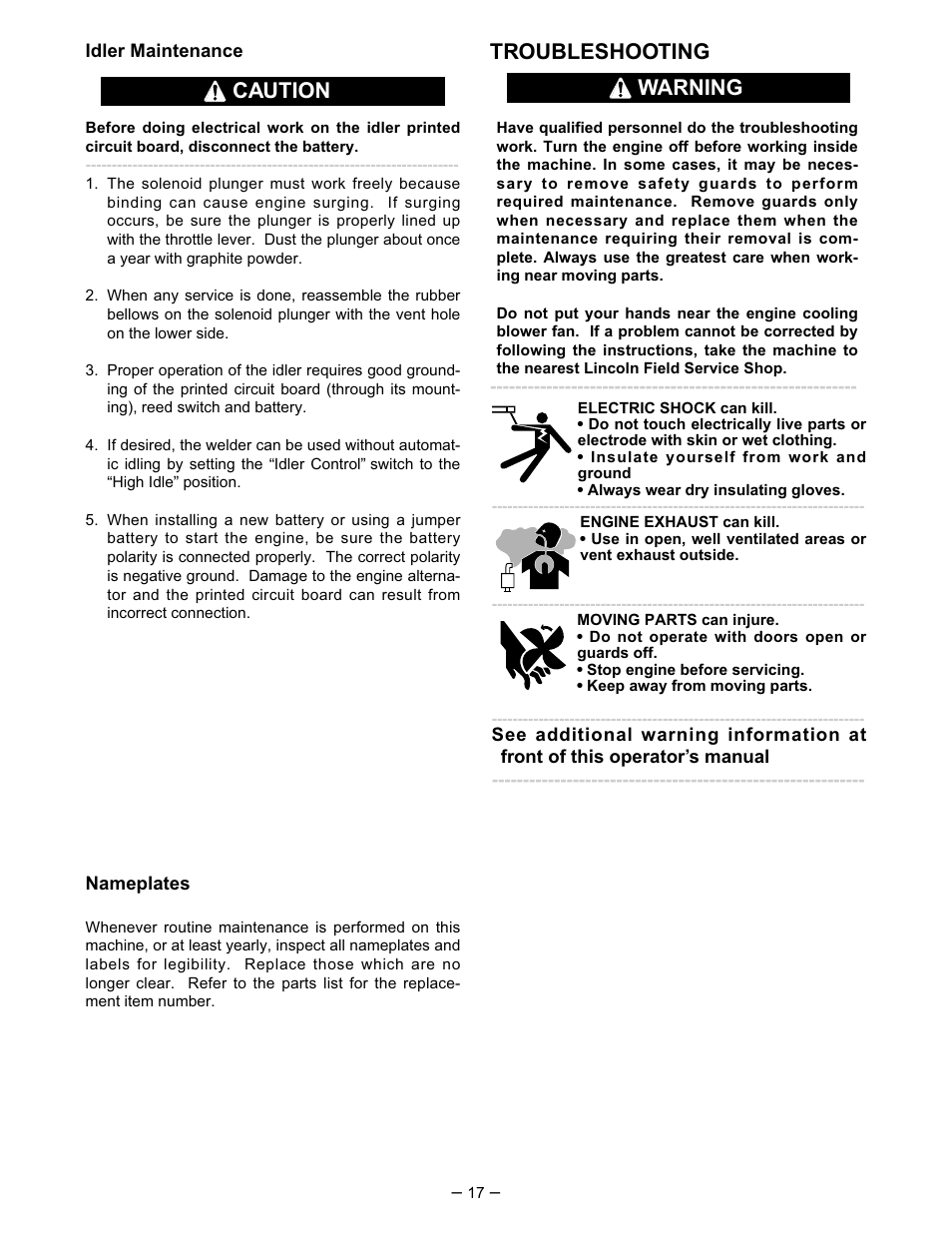 Troubleshooting, Caution warning | Lincoln Electric IM518 SA 250 PERKINS User Manual | Page 18 / 28