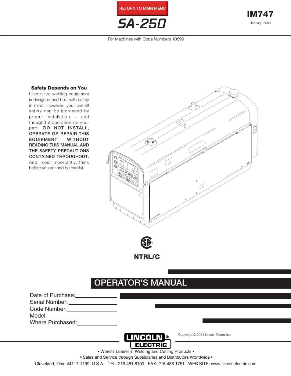 Lincoln Electric IM747 SA 250 User Manual | 33 pages