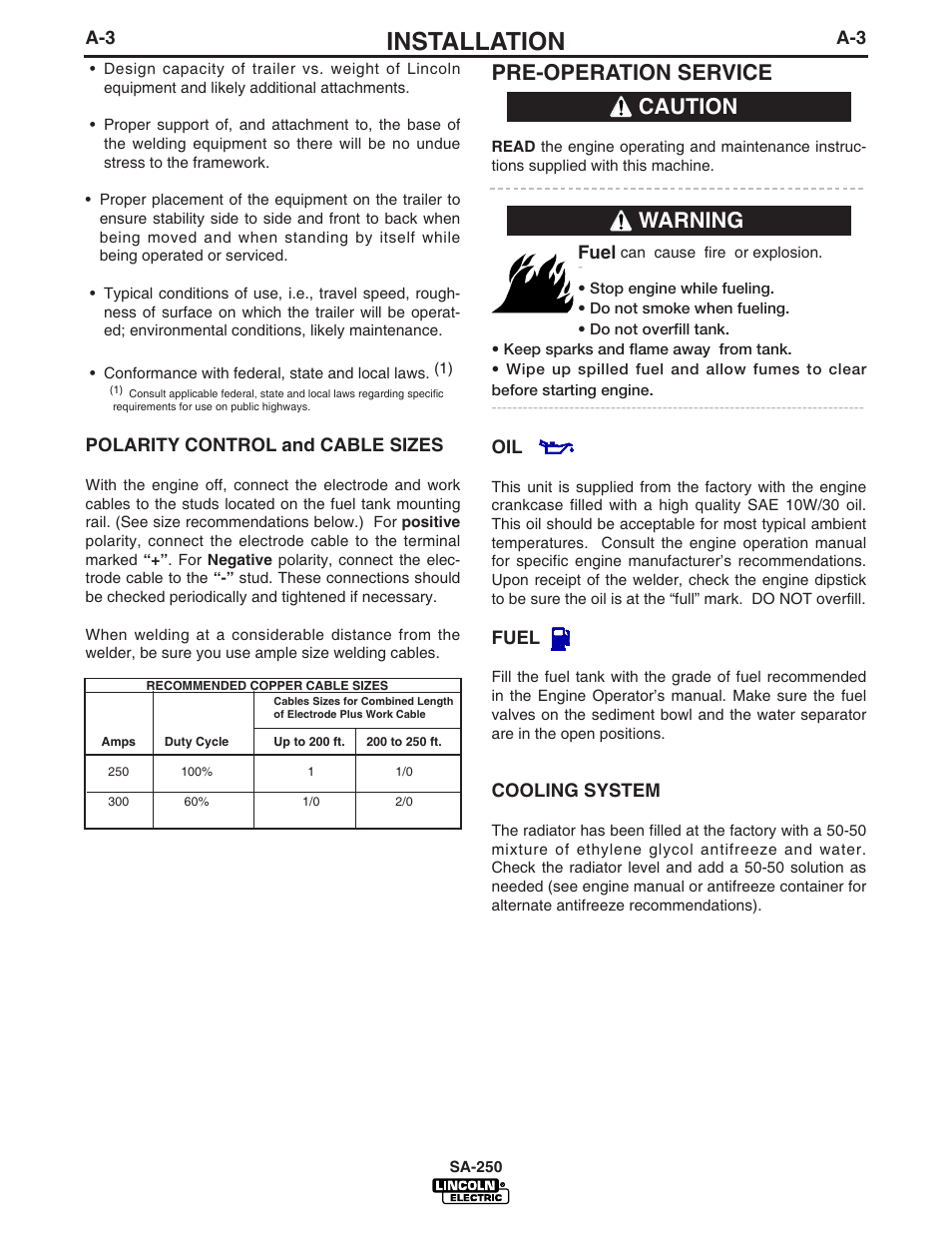 Installation, Pre-operation service, Caution | Warning | Lincoln Electric IM747 SA 250 User Manual | Page 10 / 33