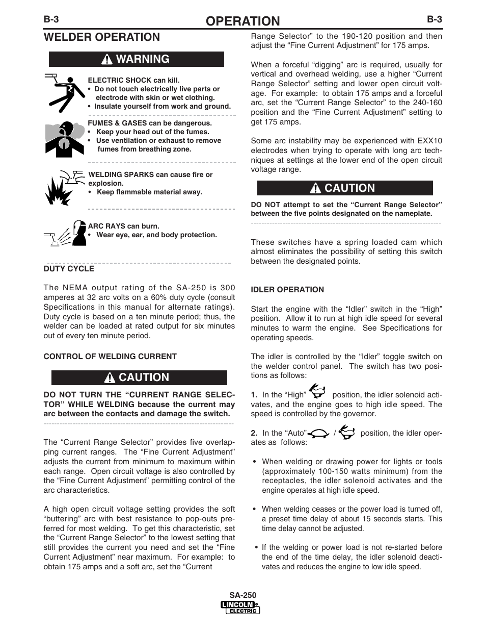 Operation, Welder operation, Warning caution caution | Lincoln Electric IM747 SA 250 User Manual | Page 14 / 33