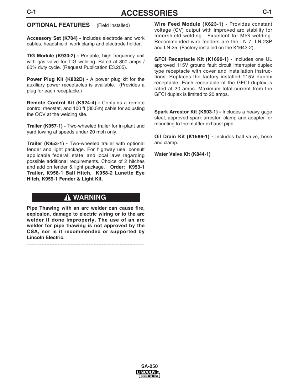 Accessories, Warning | Lincoln Electric IM747 SA 250 User Manual | Page 16 / 33