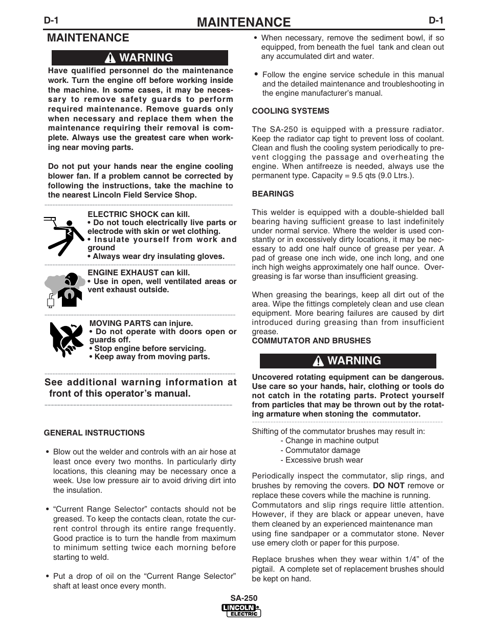 Maintenance, Warning | Lincoln Electric IM747 SA 250 User Manual | Page 17 / 33