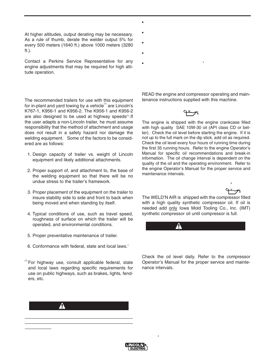 Installation, Pre-operation engine and compressor service, Warning caution | Lincoln Electric IM640 SAE400 Weld'n Air User Manual | Page 12 / 37