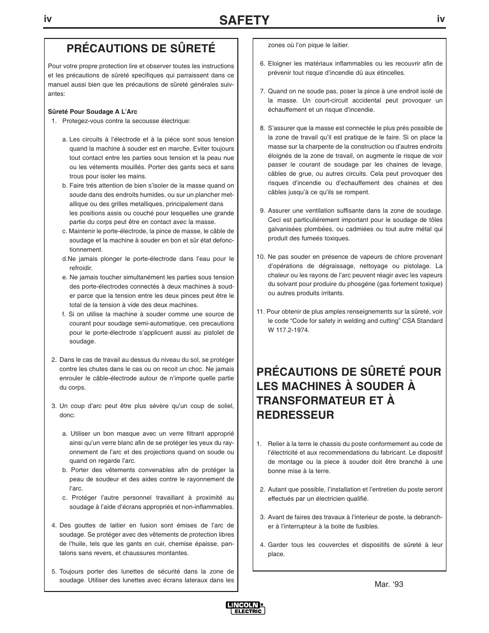 Safety, Précautions de sûreté | Lincoln Electric IM640 SAE400 Weld'n Air User Manual | Page 5 / 37