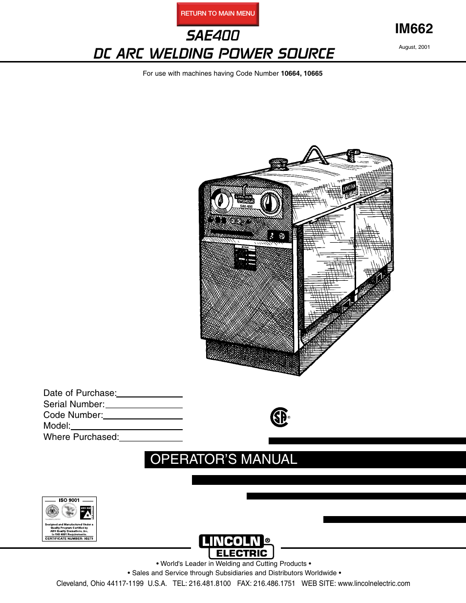 Lincoln Electric IM662 SAE400 User Manual | 34 pages