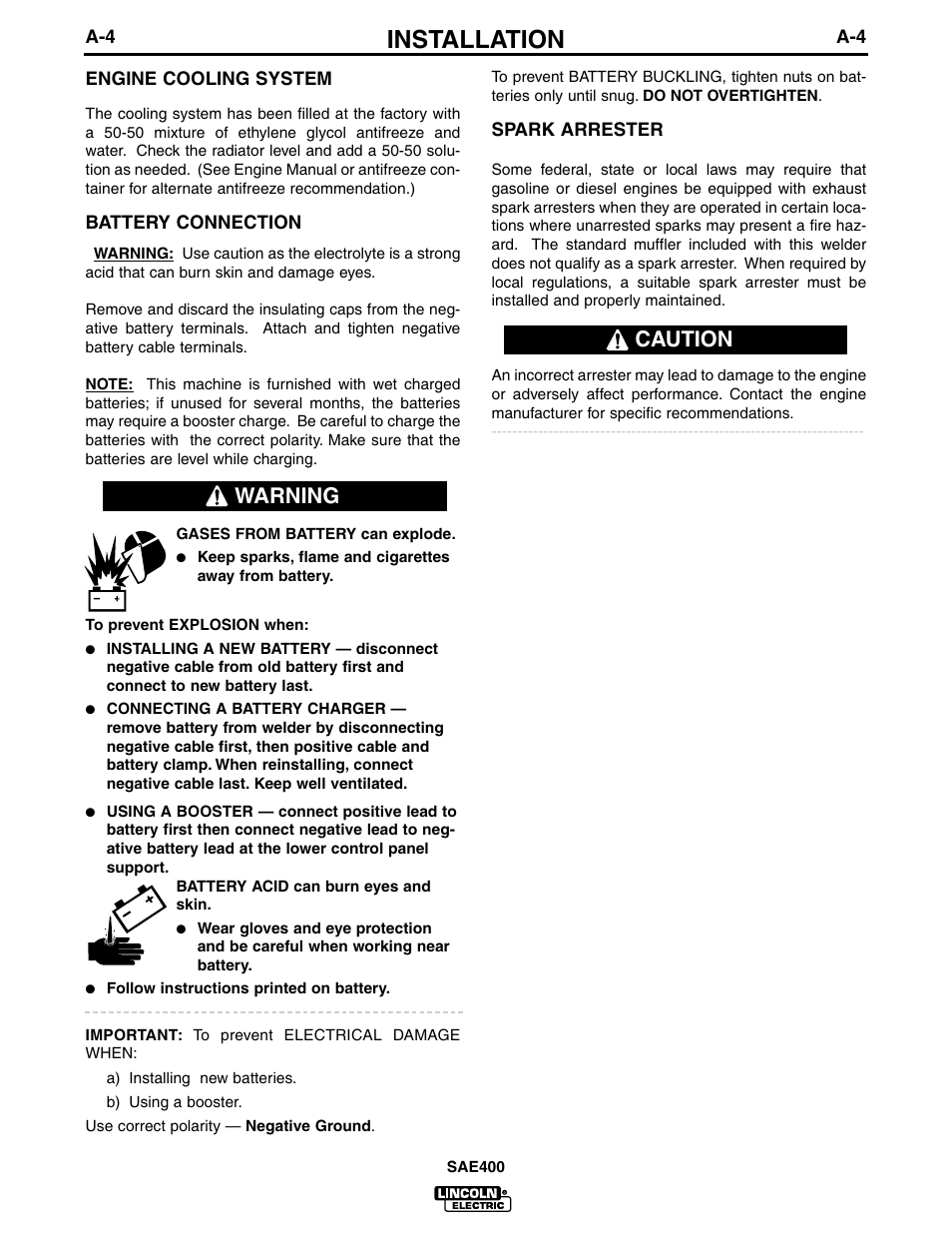 Installation, Caution warning | Lincoln Electric IM662 SAE400 User Manual | Page 11 / 34