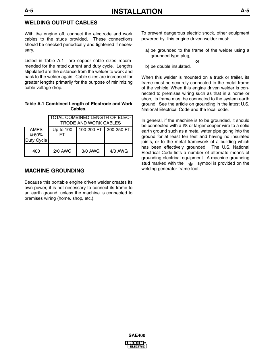 Installation | Lincoln Electric IM662 SAE400 User Manual | Page 12 / 34