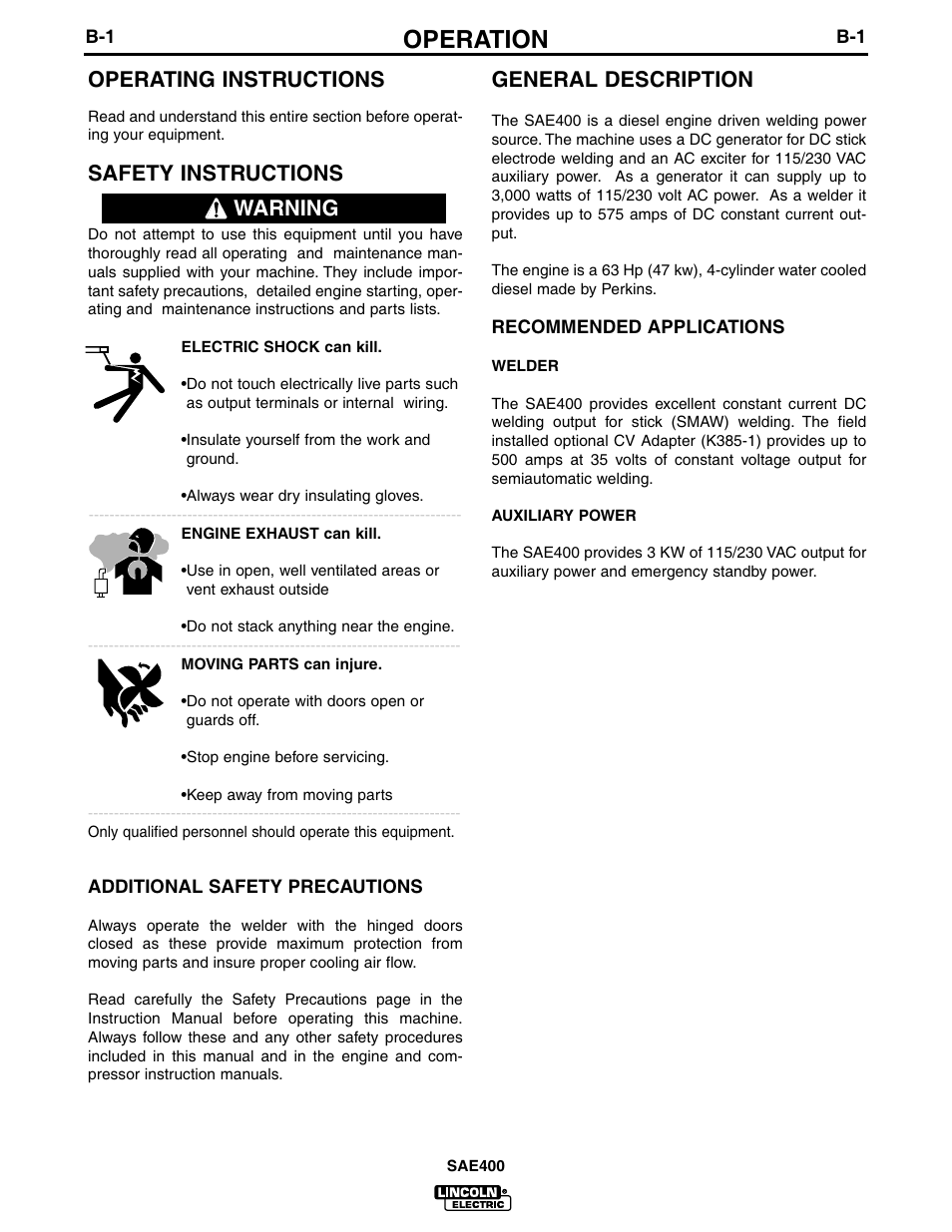 Operation, General description, Operating instructions | Safety instructions, Warning | Lincoln Electric IM662 SAE400 User Manual | Page 13 / 34