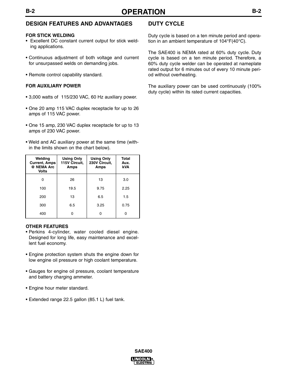 Operation, B-2 design features and advantages, Duty cycle | Lincoln Electric IM662 SAE400 User Manual | Page 14 / 34