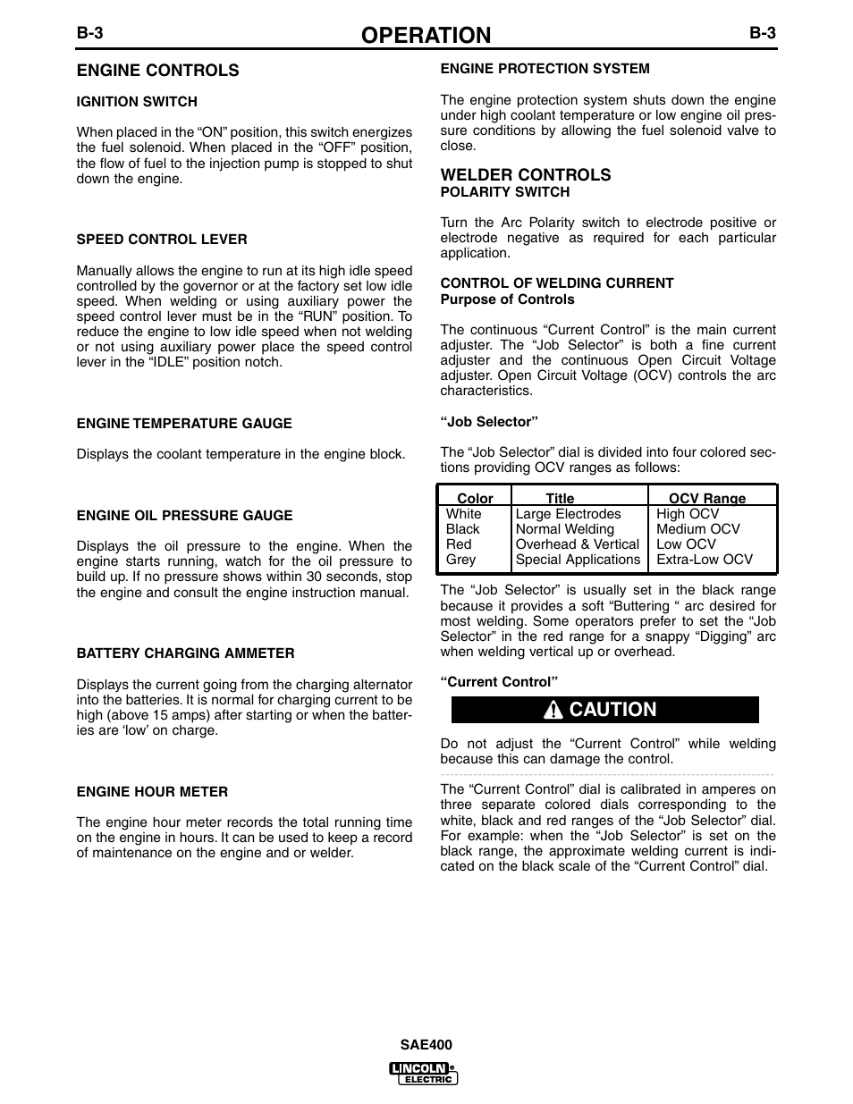 Operation, Caution | Lincoln Electric IM662 SAE400 User Manual | Page 15 / 34