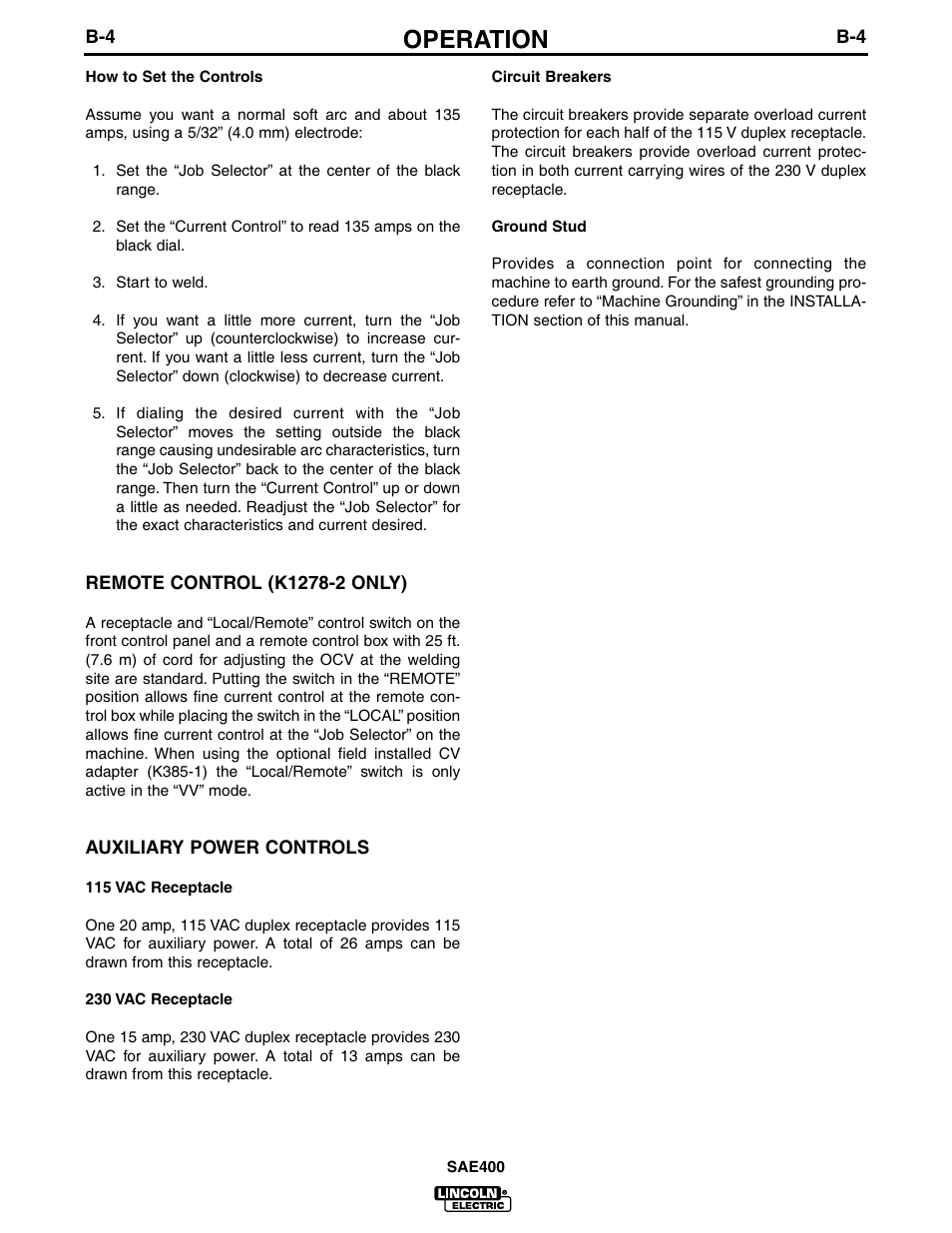 Operation | Lincoln Electric IM662 SAE400 User Manual | Page 16 / 34