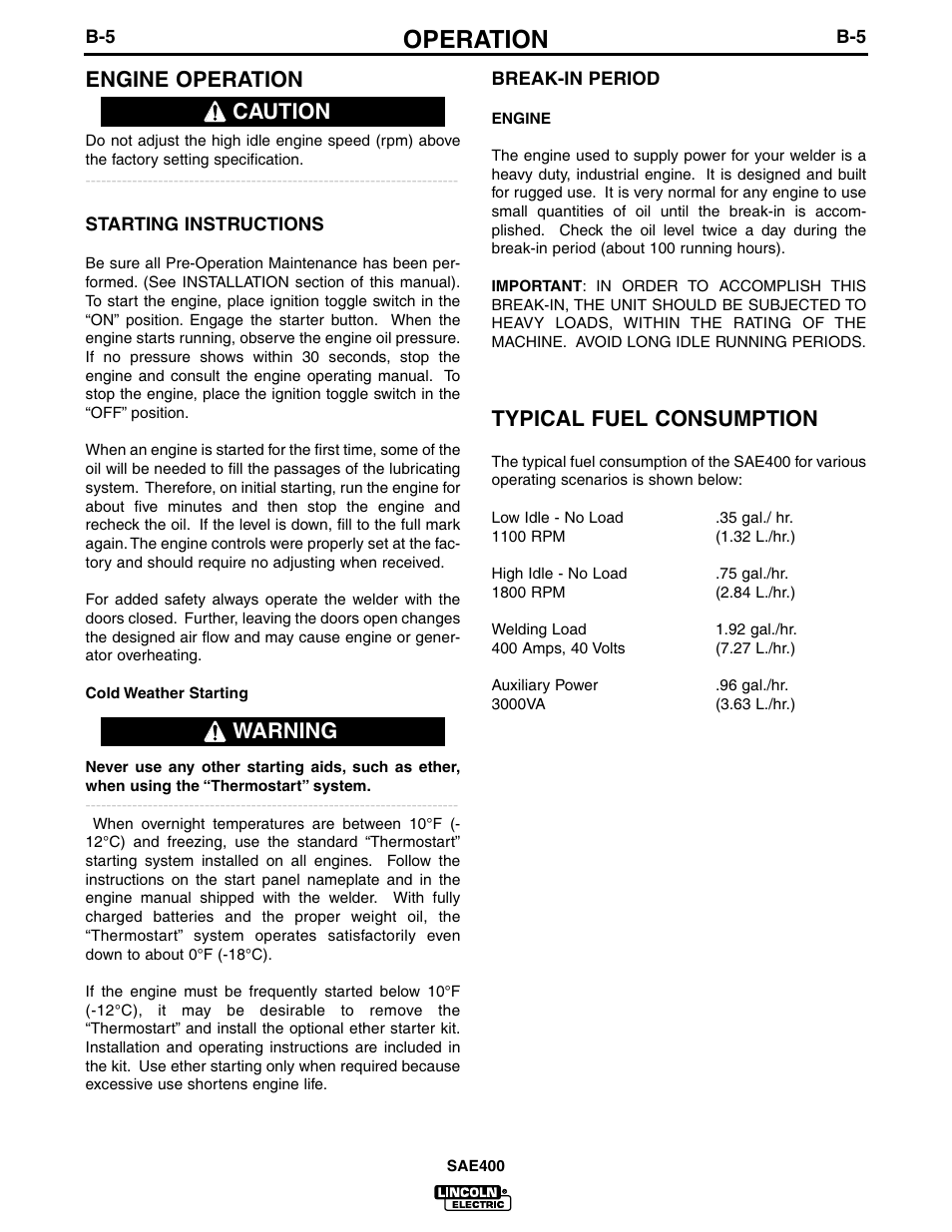 Operation, Engine operation, Typical fuel consumption | Warning caution | Lincoln Electric IM662 SAE400 User Manual | Page 17 / 34