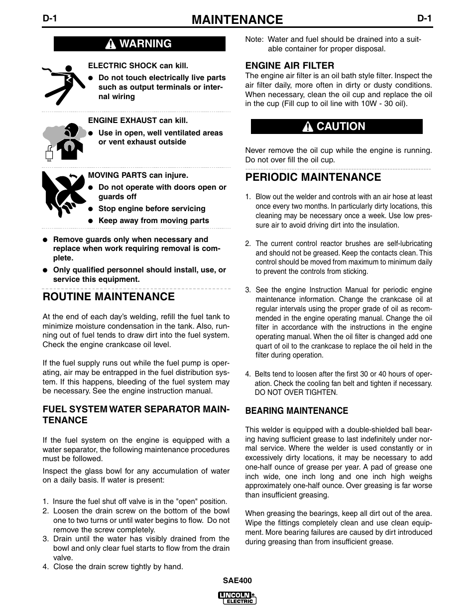 Maintenance, Routine maintenance, Periodic maintenance | Warning caution | Lincoln Electric IM662 SAE400 User Manual | Page 19 / 34