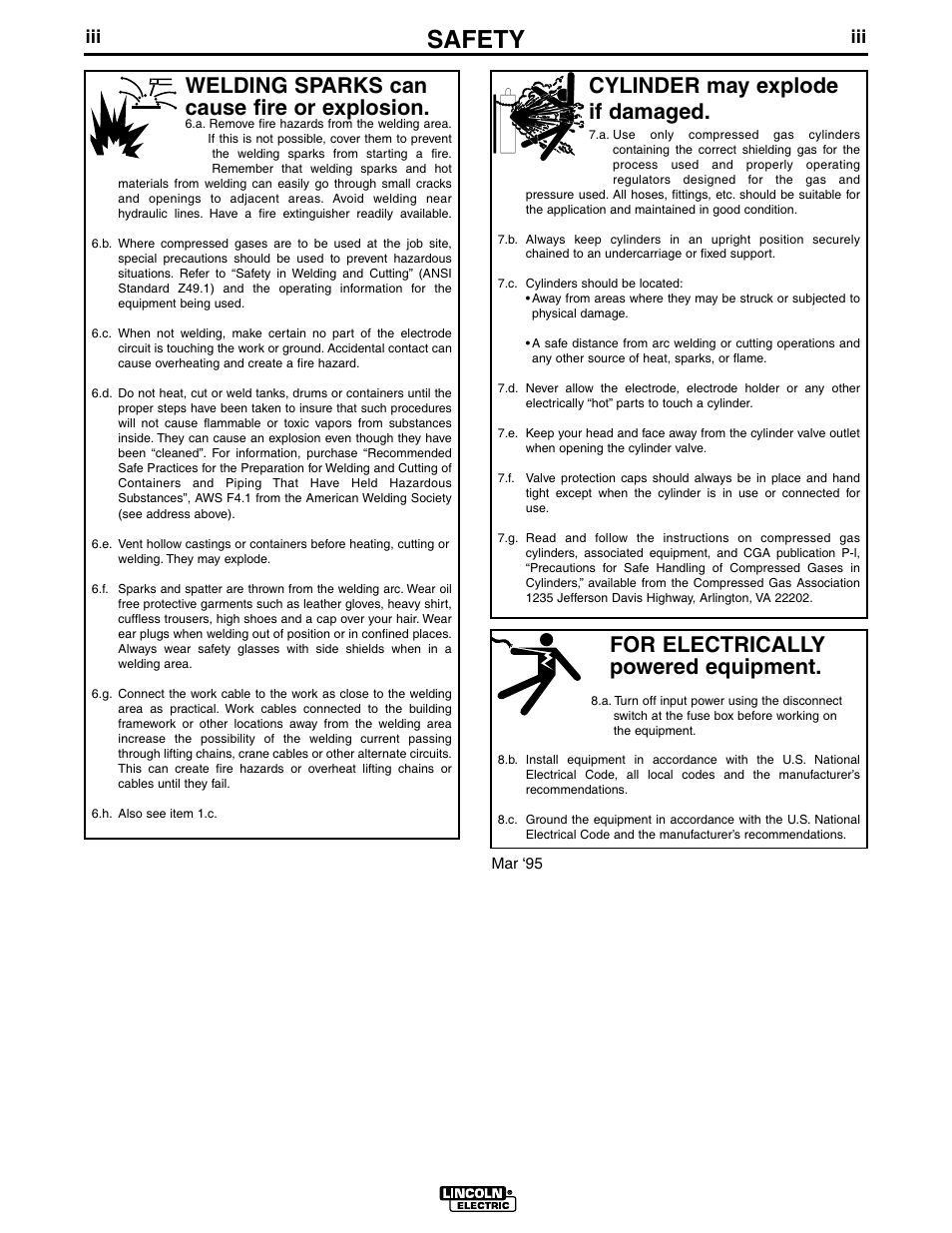 Safety, For electrically powered equipment, Cylinder may explode if damaged | Welding sparks can cause fire or explosion | Lincoln Electric IM662 SAE400 User Manual | Page 4 / 34