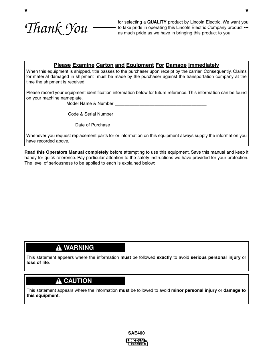 Lincoln Electric IM662 SAE400 User Manual | Page 6 / 34