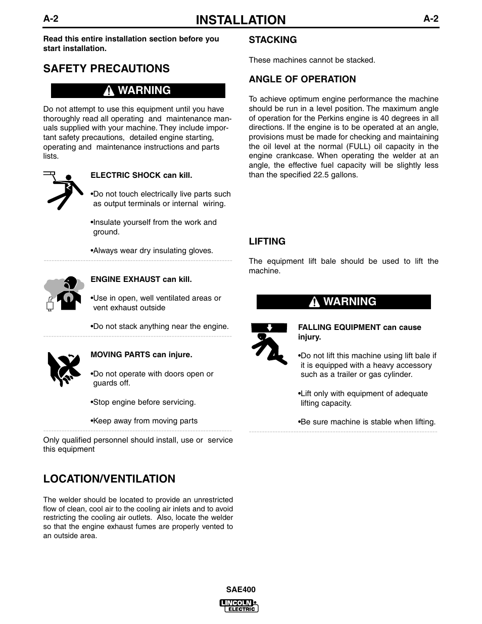 Installation, Safety precautions, Location/ventilation | Warning | Lincoln Electric IM662 SAE400 User Manual | Page 9 / 34