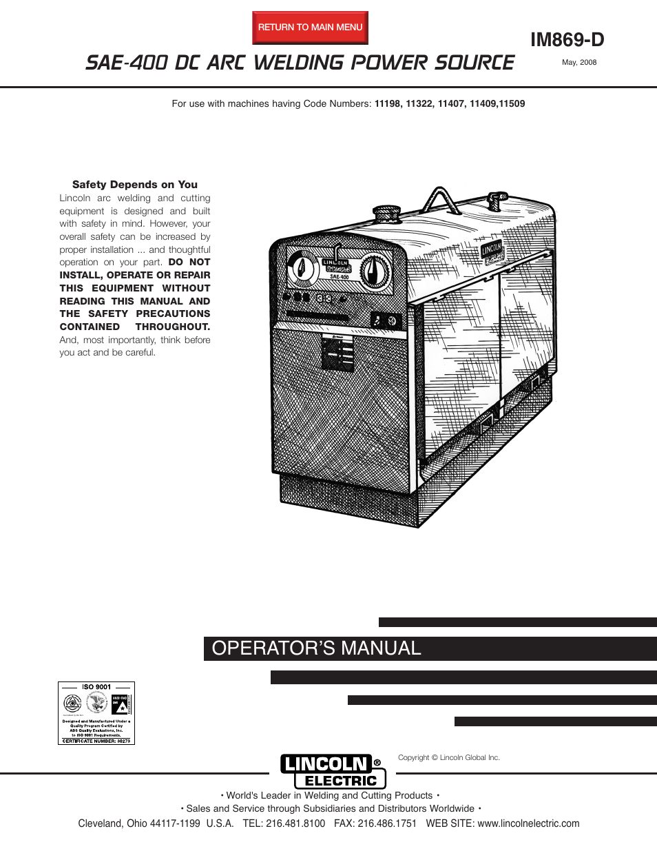 Lincoln Electric IM869 SAE400 User Manual | 38 pages
