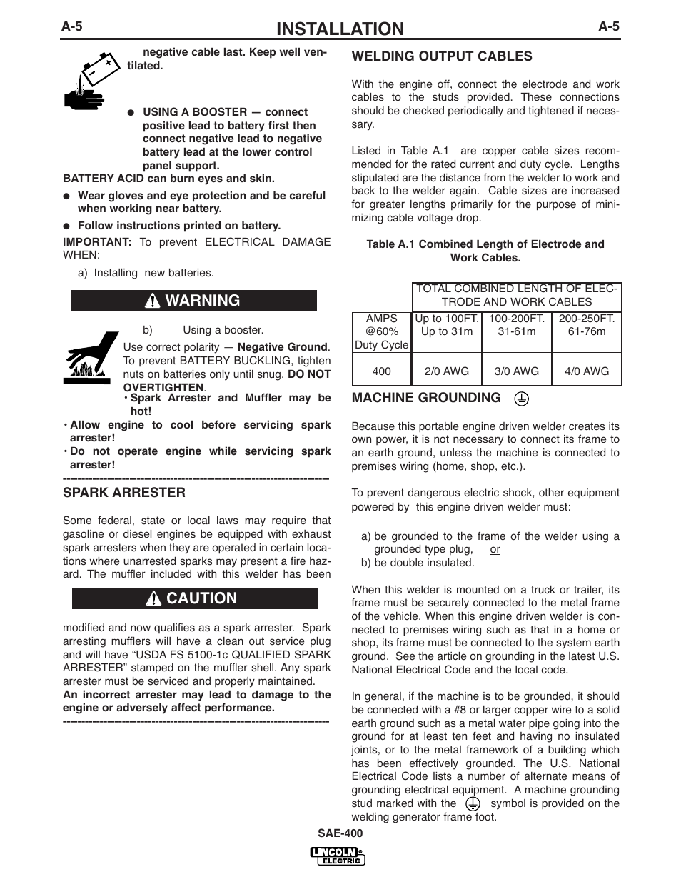 Installation, Warning caution | Lincoln Electric IM869 SAE400 User Manual | Page 12 / 38