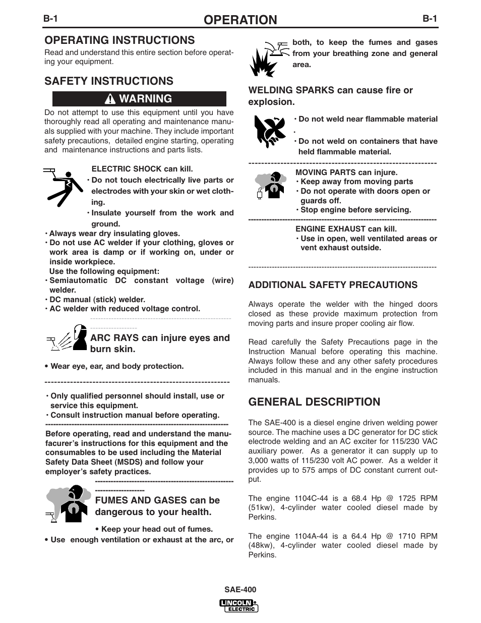 Operation, General description, Operating instructions | Safety instructions, Warning | Lincoln Electric IM869 SAE400 User Manual | Page 13 / 38