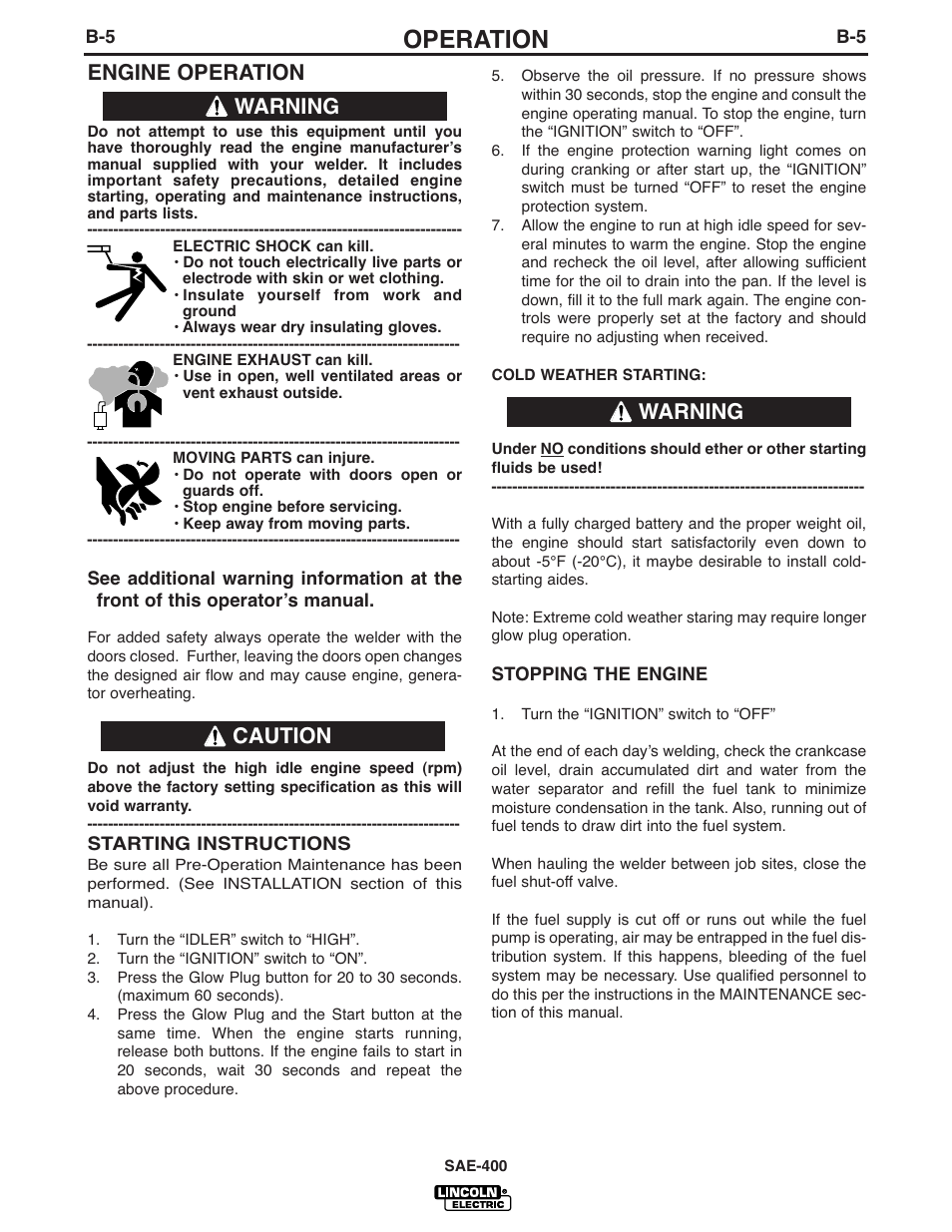 Operation, Engine operation, Warning | Warning caution | Lincoln Electric IM869 SAE400 User Manual | Page 17 / 38