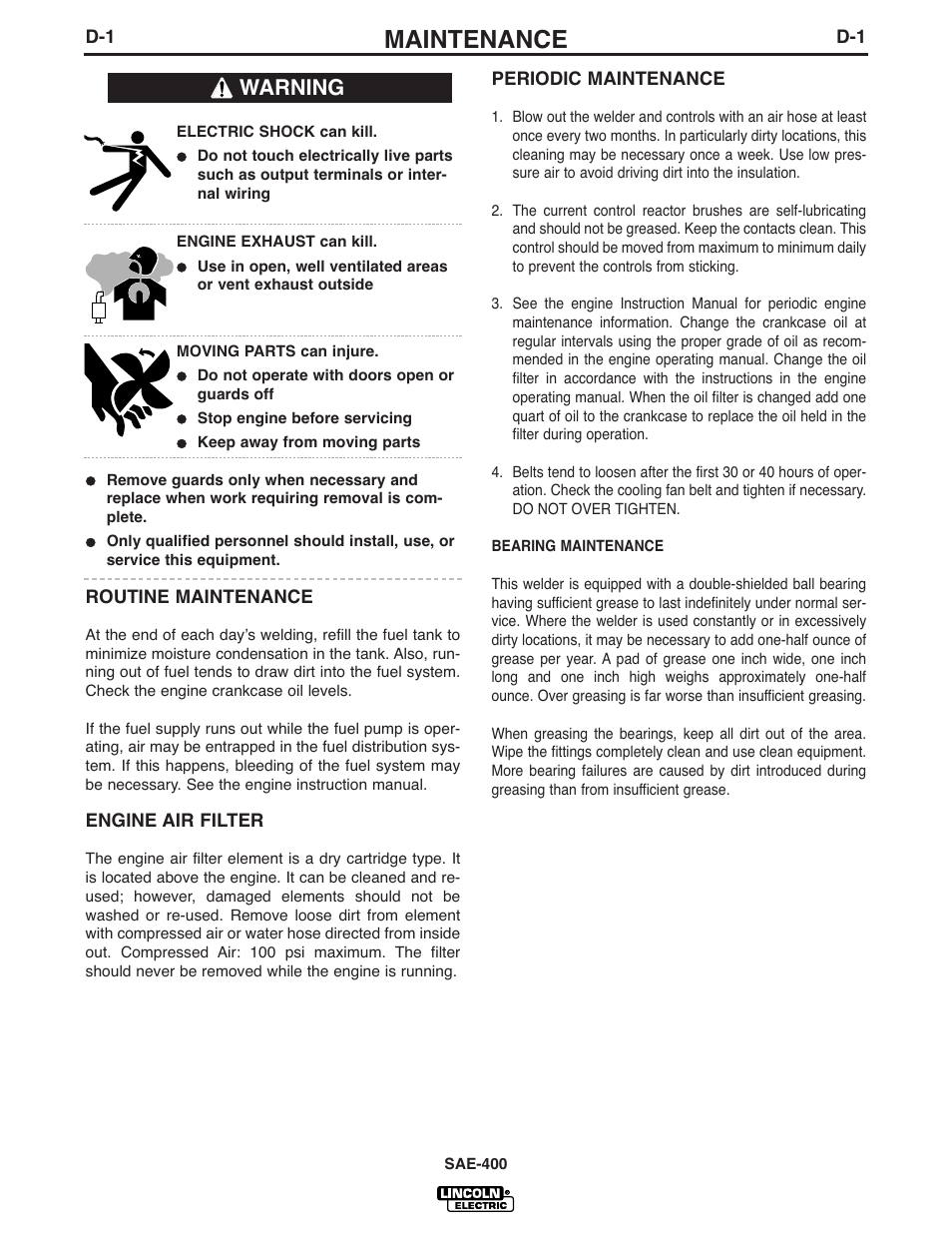 Maintenance, Warning | Lincoln Electric IM869 SAE400 User Manual | Page 20 / 38