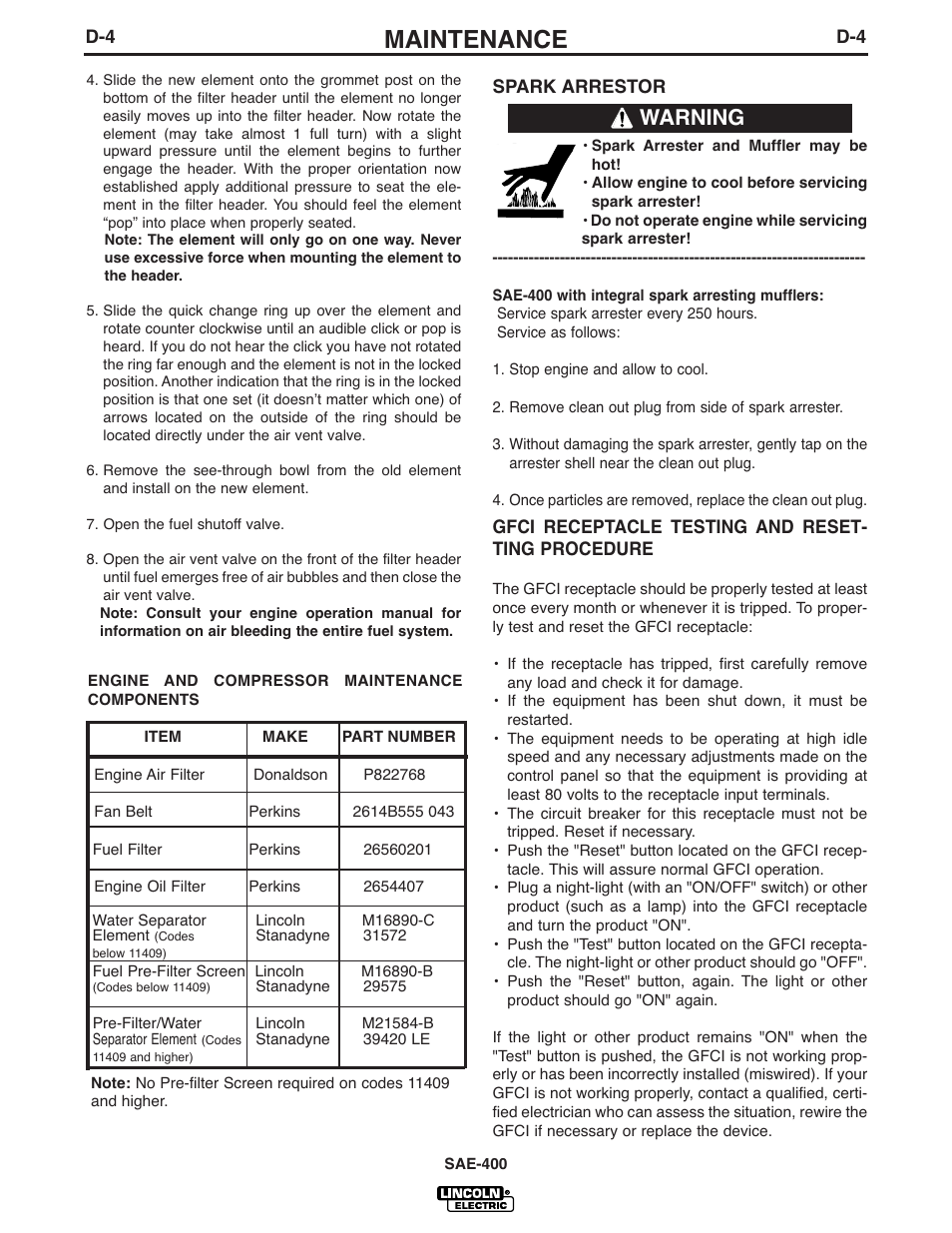 Maintenance, Warning | Lincoln Electric IM869 SAE400 User Manual | Page 23 / 38